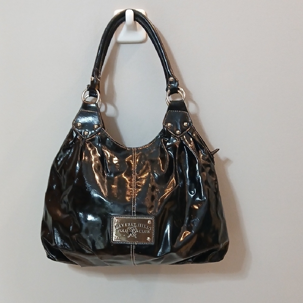 Beverly Hills Polo Club black patent leather shoulder bag. Vintage